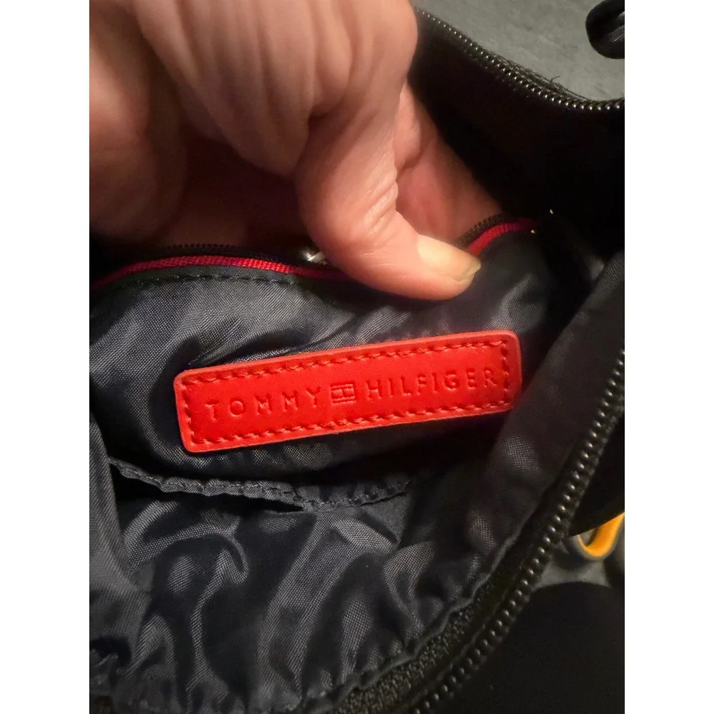 Tommy Hilfiger Black Monogram Jacquard Crossbody Bag Gold Logo Zippered Purse